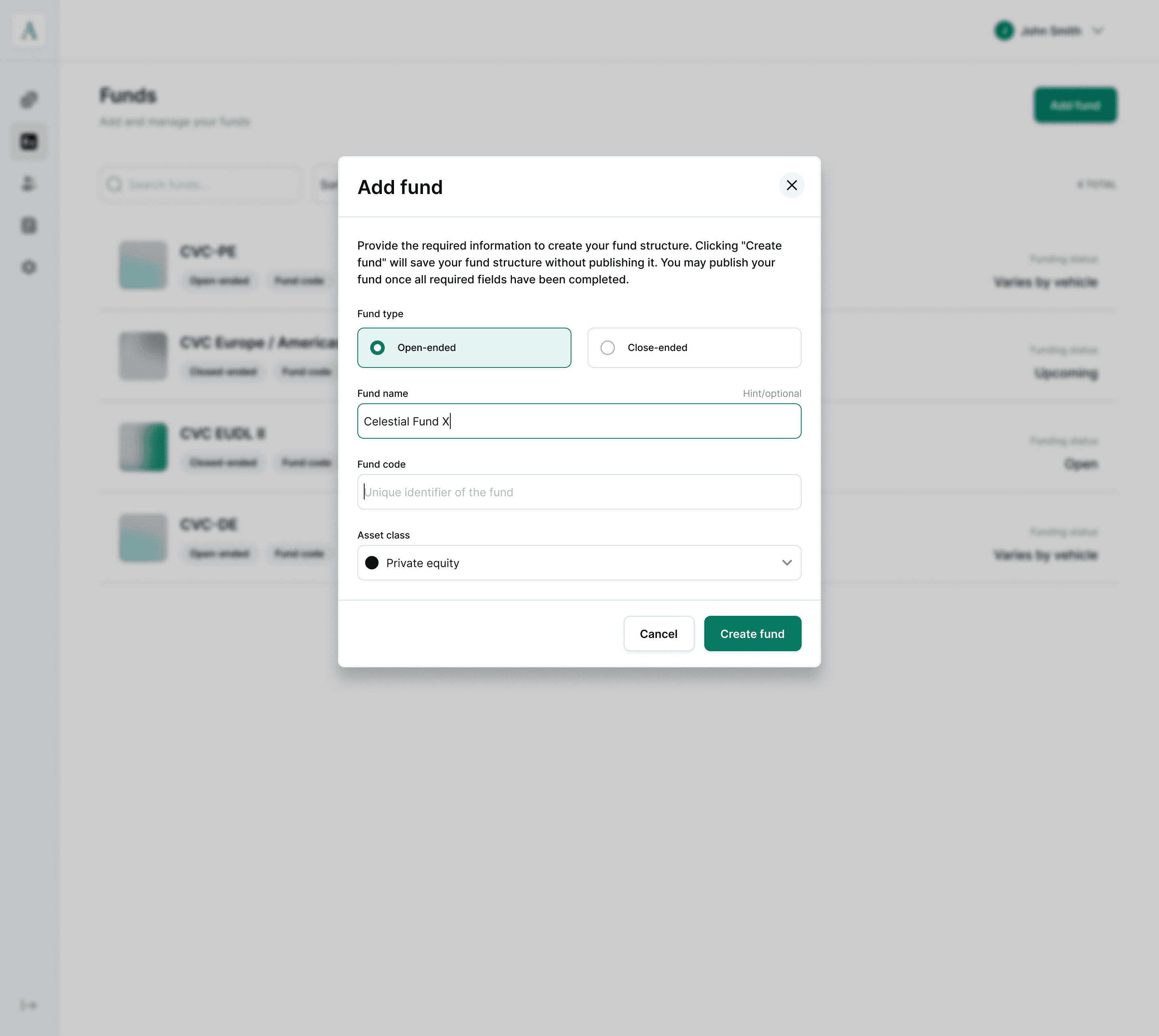 Add fund — create a new fund structure