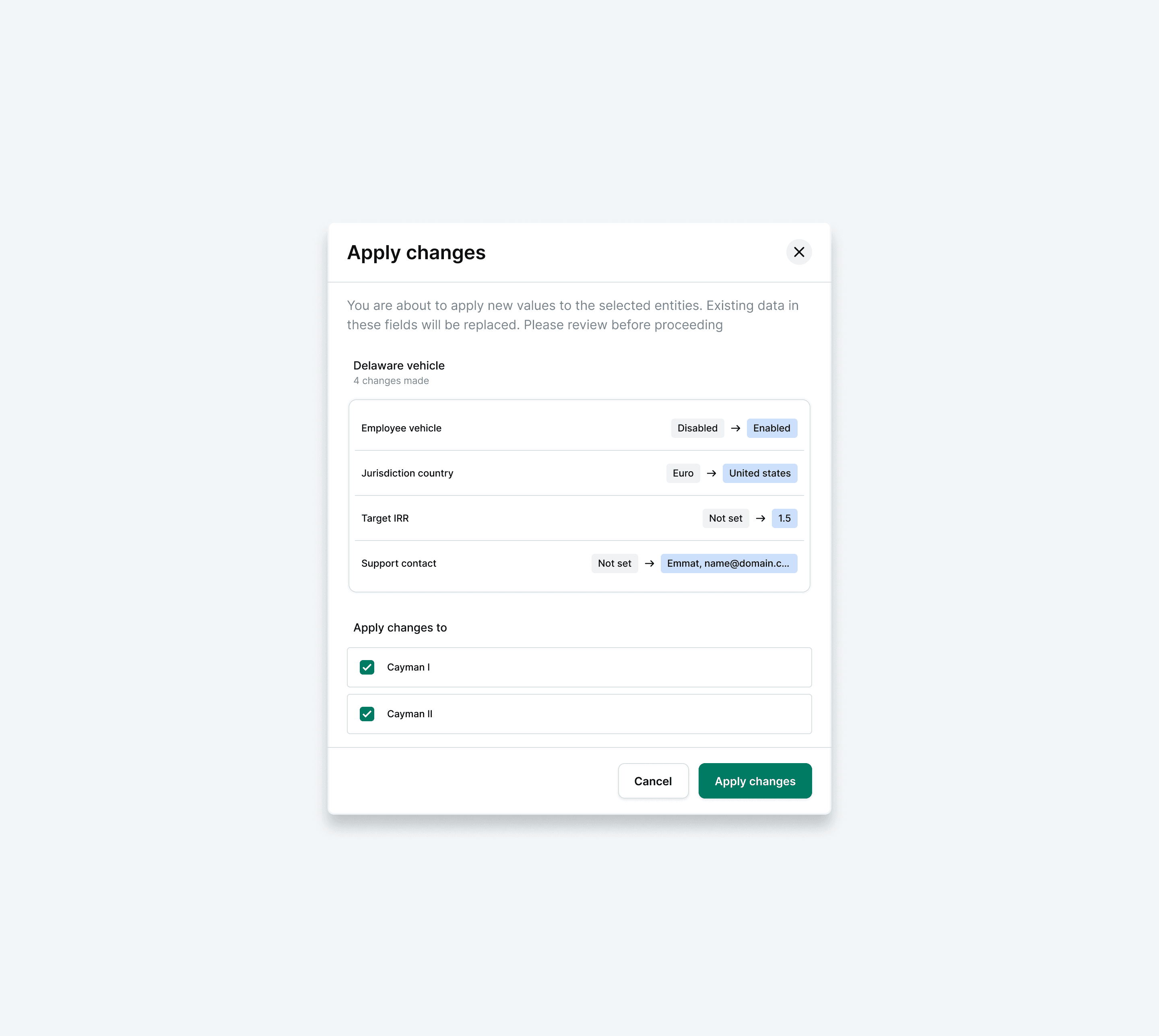 Apply changes — propagate edits across vehicles with a review step